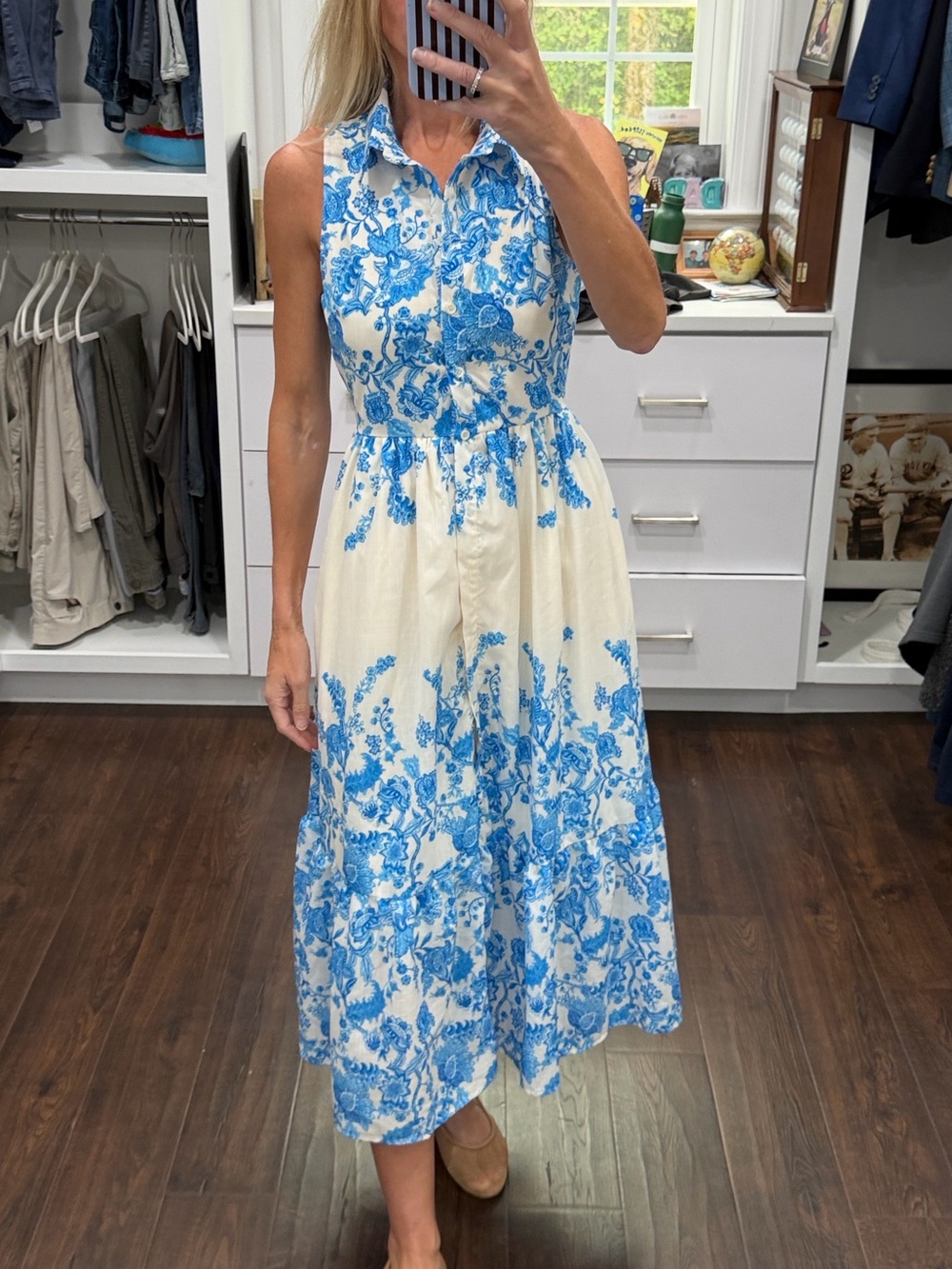 Flying Tomato White and Blue Floral Sleeveless Midi Dress XS